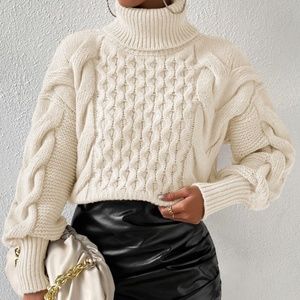 Beige Cable Knit Turtleneck Sweater
